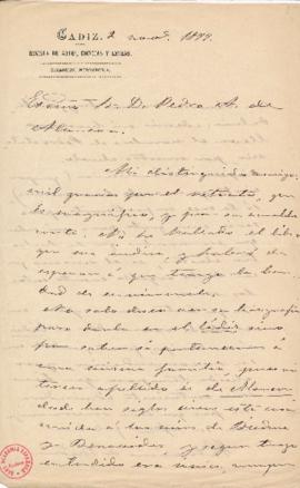 Carta de Patrocinio de Biedma a Pedro [Antonio] de Alarcón en la que agradece el retrato y expres...