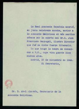 Copia sin firma del oficio de pésame del secretario a Abel Alarcón, secretario de la Academia Bol...