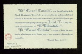 Invitación del Casal Catalá al acto en conmemoración del cincuentenario de La Atlántida, del poet...