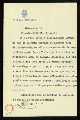 Carta del conde de Gimeno a Emilio Cotarelo en la que le indica que recibió las galeradas del Dic...