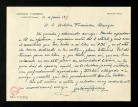 Carta de Antonio Sequeros a Melchor Fernández Almagro en la que le agradece el comentario que ha ...
