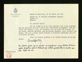 Carta de Camilo José Cela a Melchor Fernández Almagro en la que le agradece su artículo en el ABC...