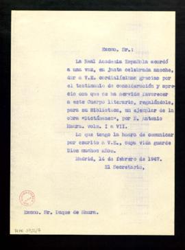 Copia sin firma del oficio del secretario al duque de Maura de traslado del agradecimiento de la ...