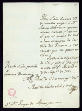 Orden de Manuel de Lardizábal del pago a Lorenzo Muntaner de 465 reales de vellón por el tirado d...