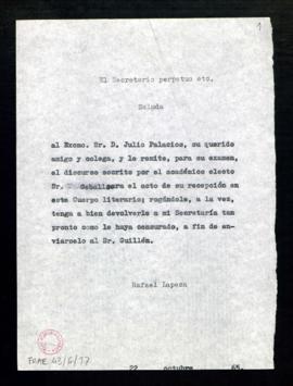 Copia sin firma del saluda de Rafael Lapesa, secretario, a Julio Palacios con el que le remite el...