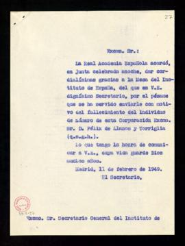 Copia del oficio sin firma del secretario al secretario general del Instituto de [España] de tras...