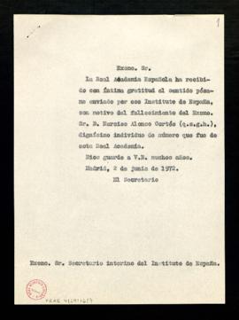 Copia sin firma del oficio del secretario al secretario interino del Instituto de España para agr...