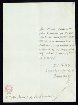 Carta de Benito Bails a Manuel Lardizábal [y Uribe] de acuse de recibo de una documentación perte...