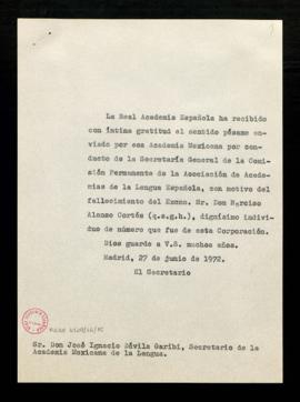 Copia sin firma del oficio del secretario a José Ignacio Dávila Garibi, secretario de la Academia...