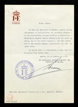 Oficio del secretario general del Instituto de España [Antonio Rumeu de Armas] al secretario de l...