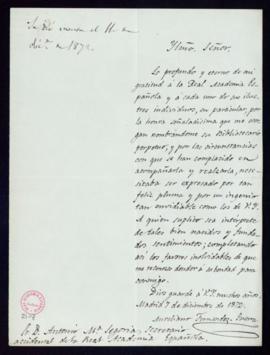 Carta de Aureliano Fernández-Guerra [y Orbe] a Antonio María Segovia, secretario accidental, de g...