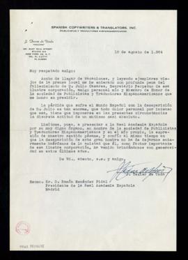 Carta de J. Texier de Unda, presidente de Publicistas y traductores hispanoamericanos, a Ramón Me...