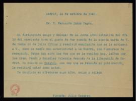 Copia de la carta de Julio Casares a Fernando Íscar-Peyra en la que le manifiesta que la Comisión...