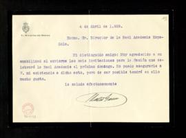 Carta del ministro de Marina, Mateo García, al director [Ramón Menéndez Pidal] en la que agradece...
