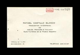 Tarjeta de visita de Rafael Castillo Blanco, traductor-intérprete de inglés, francés e italiano, ...