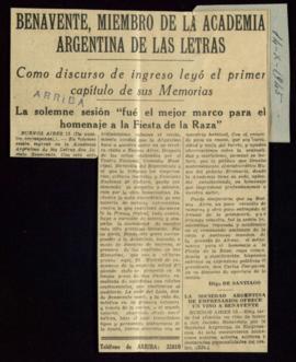 Recorte de prensa con el título Benavente, miembro de la Academia Argentina de las Letras