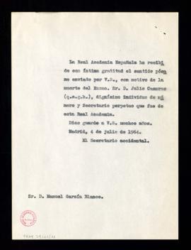 Copia del oficio del secretario accidental, Rafael Lapesa, a Manuel García Blanco de gratitud por...