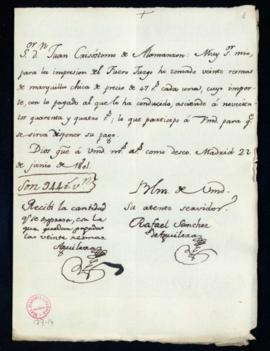Carta de Rafael Sánchez de Aguilera a Juan Crisóstomo Alamanzón sobre la compra de 20 resmas de p...