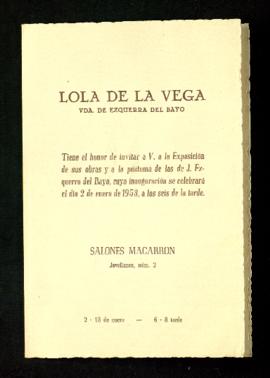 Invitación de Lola de la Vega, viuda de Ezquerra del Bayo, a la exposición de sus obras en los sa...