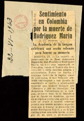 Recorte de prensa del diario Arriba con la noticia Sentimiento en Colombia por la muerte de Rodrí...
