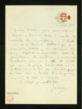 Carta de Gerardo Diego a Melchor Fernández Almagro en la que le anuncia su llegada a Madrid para ...