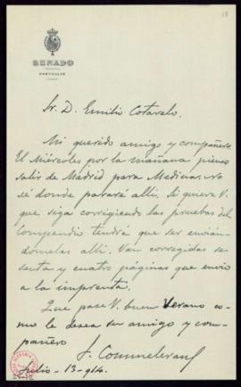 Carta de F[rancisco] Commelerán al secretario, Emilio Cotarelo, en la que le comunica su viaje a ...