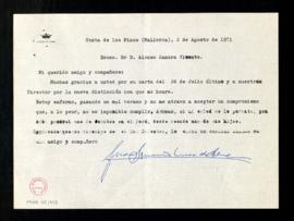 Carta de Juan Ignacio Luca de Tena, marqués de Luca de Tena, a Alonso Zamora Vicente de respuesta...