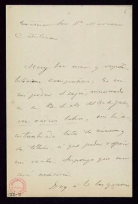 Carta de Cayetano Fernández al secretario, Mariano Catalina, en la que agradece el envío de un ca...
