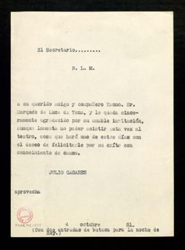 Copia sin firma del besalamano de Julio Casares al marqués de Luca de Tena en el que le agradece ...