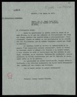 Copia de la carta de  Rafael Lapesa al embajador de España, Ángel Sanz-Briz, en la que le manifie...