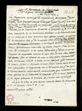 Minuta de la carta del secretario a Alfred Germond de Lavigne en la que le agradece su ofrecimien...