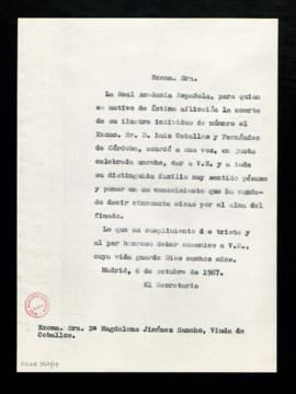 Copia sin firma del oficio del secretario a Magdalena Jiménez Sancho en el que le traslada el acu...