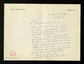 Carta de Gregorio Marañón a Melchor Fernández Almagro en la que le dice que no ha leído aún su no...