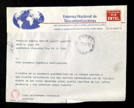 Telegrama de Luis Beltranena Sinibaldi, director de la Academia Guatemalteca, a la Academia Españ...