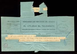 Telegrama de Wenceslao Fernández Flórez a Julio de Urquijo para informarle que, a causa de una in...