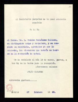 Copia del besalamano de Julio Casares a Emilio Fernández Galiano por el que se complace en enviar...