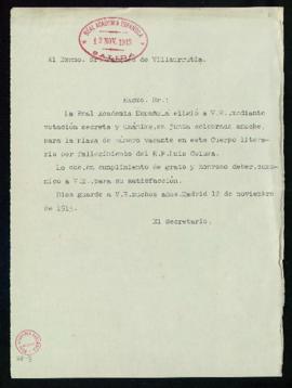 Minuta del oficio del secretario [Emilio Cotarelo] a Wenceslao Ramírez de Villa-Urrutia, marqués ...