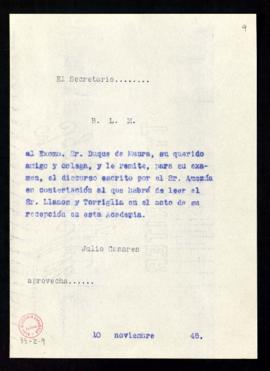 Copia del besalamano de Julio Casares al duque de Maura con el que le remite para su examen el di...