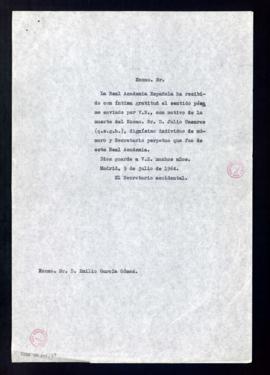 Copia del oficio del secretario accidental, Rafael Lapesa, a Emilio García Gómez, de gratitud por...