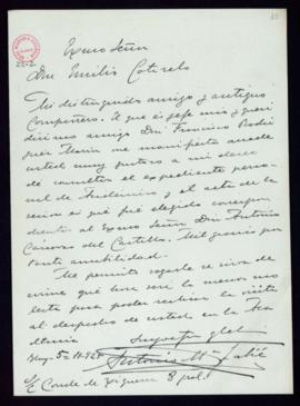 Carta de Antonio M[arí]a Fabié [Gutiérrez] al secretario, Emilio Cotarelo, en la que agradece que...