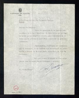 Carta de Román Moreno, embajador de España en Lima, a Melchor Fernández Almagro en la que le feli...
