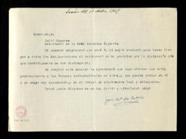 Carta de José M.ª de Cossío a Julio Casares, secretario, con su gratitud a los académicos por la ...