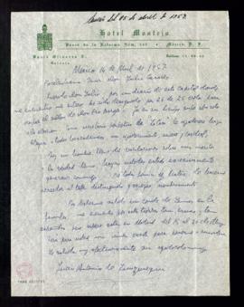 Carta de Juan Antonio de Zunzunegui a Julio Casares en la que le dice que se ha enterado de su de...