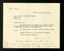 Carta de Antonio Garrigues a Melchor Fernández Almagro en la que expresa su agradecimiento por su...