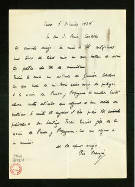Carta de Pío Baroja a J. Ruiz-Castillo en la que le dice que le enviado por correo certificado fr...