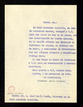Copia sin firma del oficio del secretario, Julio Casares, a José María Pemán de comunicación de s...