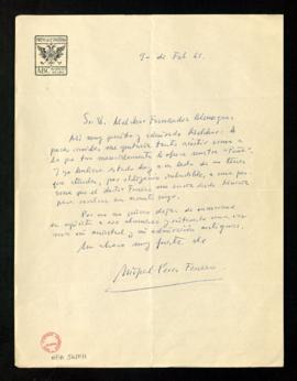 Carta de Miguel Pérez Ferrero a Melchor Fernández Almagro en la que le disculpa por no poder asis...