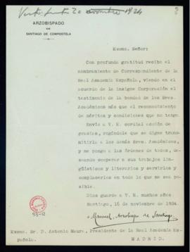 Carta de Manuel [Lago y González], arzobispo de Santiago a Antonio Maura en la que acusa recibo d...