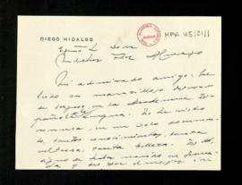 Carta de Diego Hidalgo a Melchor Fernández Almagro en la que le felicita por su discurso de ingre...