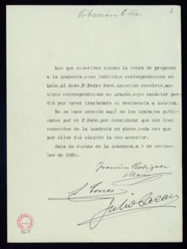 Propuesta de Pedro Fabo como correspondiente en Aragón